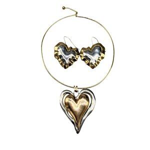 Vintage Choker Necklace And Earring Set Dual Hearts Gold Silver Two Tone